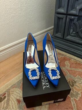 Badgley Mischka Royal Blue Satin Pointed Toe Pumps with Crystal Buckle